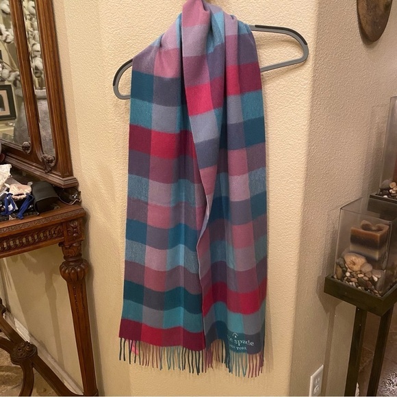NWT~KATE SPADE Multicolor Festive Check Wool Cashmere Scarf - Picture 2 of 7